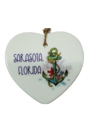 Sarasota Florida Ceramic Heart Ornament Coastal Nautical Anchor Gift Handmade